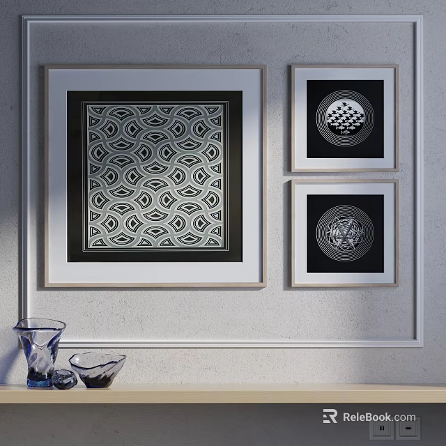 Modern Interior With Decorative Wall Art Geometric Patterns And Glass Vases 3d model