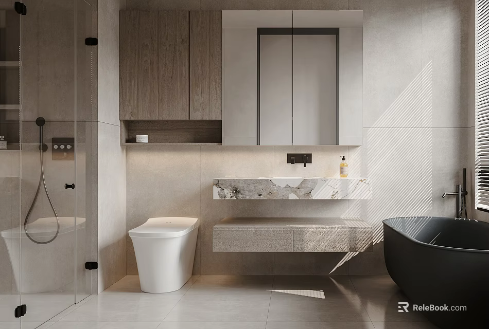 Modern Bathroom Design Featuring Glass Shower Wooden Cabinets Marble Countertop Sink And Black Bathtub 3d model 