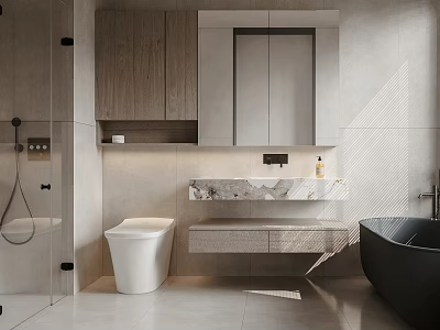 Modern Bathroom Design Featuring Glass Shower Wooden Cabinets Marble Countertop Sink And Black Bathtub 3d model