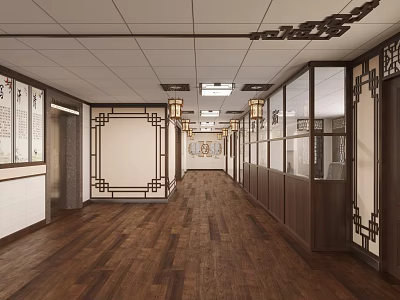 Traditional Chinese Corridor Interior With Wooden Flooring Pendant Lights And Decorative Carvings 3d model