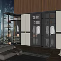 Modern Bedroom Interior With Stylish Wardrobe Featuring Glass And Wooden Doors And Hanging Clothes Storage
