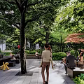 Garden Landscape With Paved Pathways People Relaxing On Benches And Lush Green Foliage