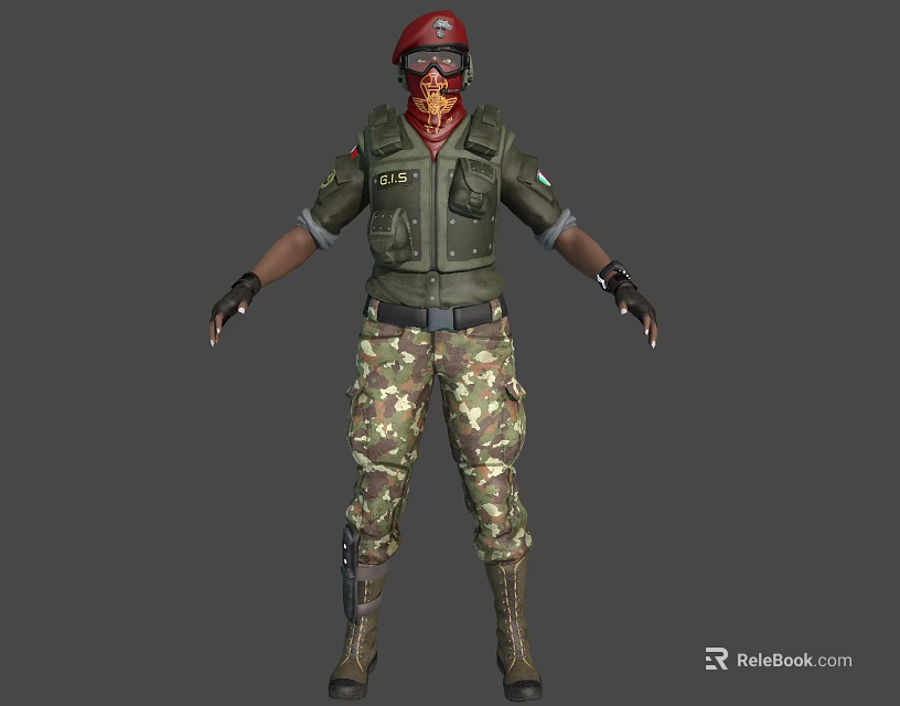 Woman In Military Uniform With Camouflage Pants Green Vest And Red Bandana 3d model 