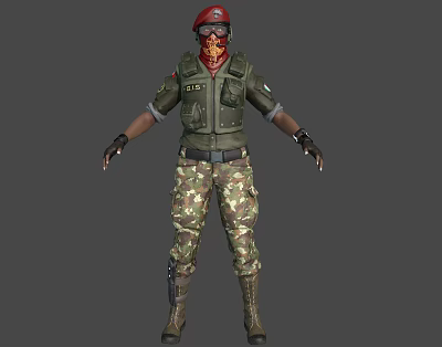 Woman In Military Uniform With Camouflage Pants Green Vest And Red Bandana 3d model