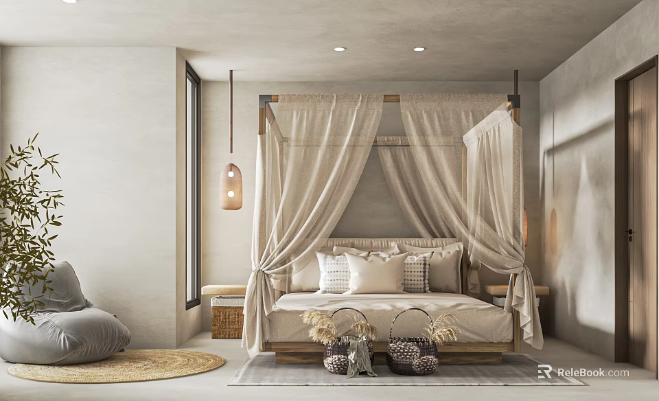 Elegant Hotel Guest Room Interior With Canopy Bed Beige Curtains Pendant Light And Cozy Pillows 3d model 