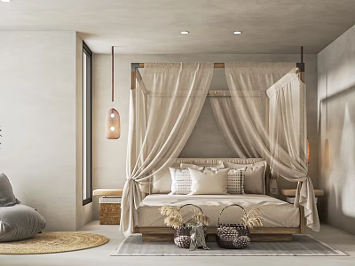 Elegant Hotel Guest Room Interior With Canopy Bed Beige Curtains Pendant Light And Cozy Pillows 3d model