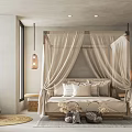 Elegant Hotel Guest Room Interior With Canopy Bed Beige Curtains Pendant Light And Cozy Pillows
