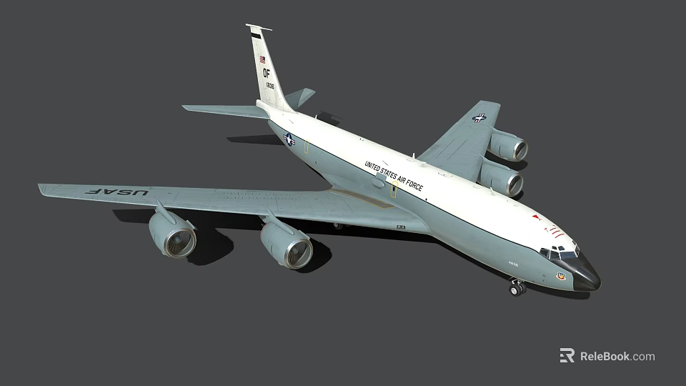 US Air Force Airplane With Four Engines Long Wings Side View Blue Gray White Exterior 3d model 