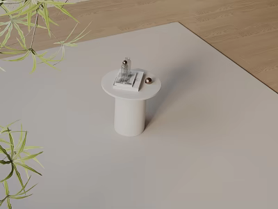 White Modern Side Table with Green Plant Leaves on Light Carpet and Magazine 3d model