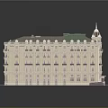 European Style Building Model Featuring Symmetrical Spire Tower Green Lawn Light Body and Dark Roof