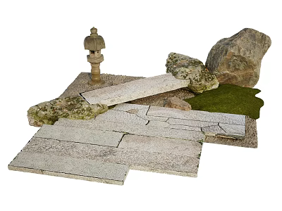 Garden Ornamental Setup Featuring Stone Lantern Rocks Stone Slab Path And Green Moss 3d model