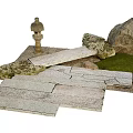 Garden Ornamental Setup Featuring Stone Lantern Rocks Stone Slab Path And Green Moss