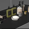 Stylish Daily Washing Supplies With Lotion Bottles Jars Soap Dish And Candle On Countertop