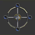Futuristic Metallic Structure With Blue Circular Components Arm Like Design And Golden Stripes