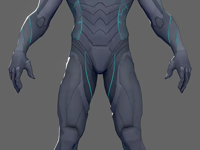 Game Movie Character 3D Model With Gray Armor Blue Glowing Lines Streamlined Design 3d model