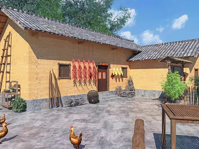 Traditional Garden Landscape With Earthen House Tile Roof Courtyard Chickens Red Decorations And Green Plants 3d model