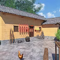Traditional Garden Landscape With Earthen House Tile Roof Courtyard Chickens Red Decorations And Green Plants