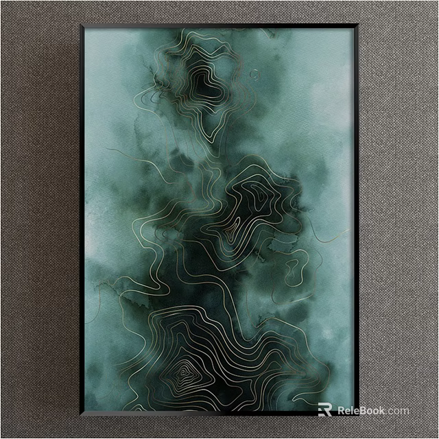 Modern Minimalist Abstract Painting With Teal Tones Golden Lines And Black Frame 3d model 