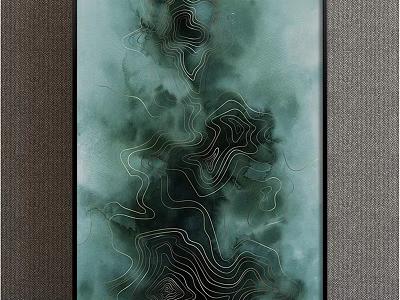Modern Minimalist Abstract Painting With Teal Tones Golden Lines And Black Frame 3d model