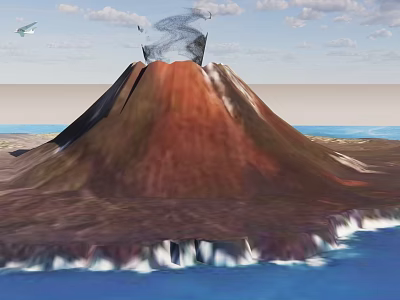 Rockery Stones Mountain With Reddish Brown Slopes Erupting Smoke And Ocean View 3d model