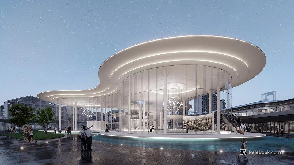 Modern Curved Sales Office Building with Glass Facade Illuminated Exterior Water Feature and Evening Sky 3d model 