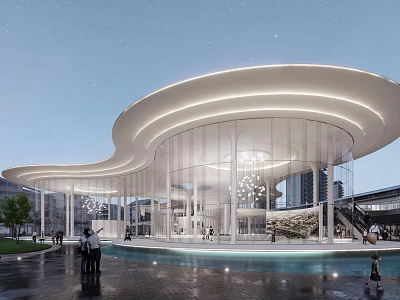 Modern Curved Sales Office Building with Glass Facade Illuminated Exterior Water Feature and Evening Sky 3d model