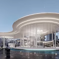 Modern Curved Sales Office Building with Glass Facade Illuminated Exterior Water Feature and Evening Sky 3d model