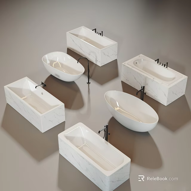 Elegant Modern White Marble Bathtubs with Various Shapes and Black Faucets 3d model 