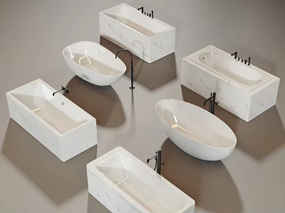 Elegant Modern White Marble Bathtubs with Various Shapes and Black Faucets 3d model