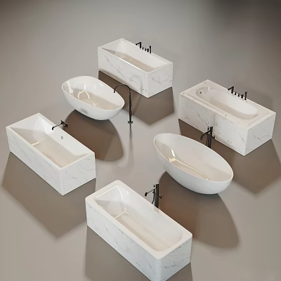 Elegant Modern White Marble Bathtubs with Various Shapes and Black Faucets 3d model