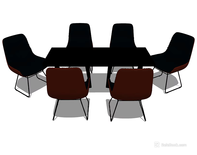 Modern Dining Table Set With Six Black Chairs And Metal Legs Design 3d model 