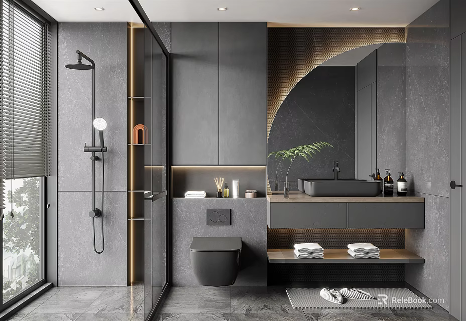 Modern Bathroom Interior With Shower Area Toilet Sink Mirror And Green Plant 3d model 