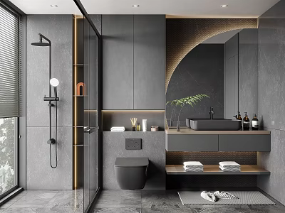 Modern Bathroom Interior With Shower Area Toilet Sink Mirror And Green Plant 3d model