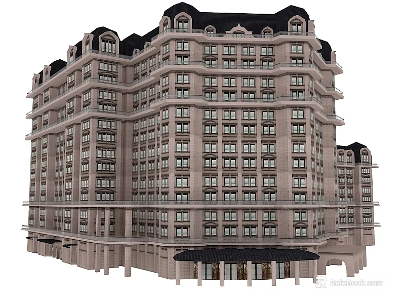 Classical Multi Story Building Exterior With Stone Facade And Swing Door Entrance 3d model 
