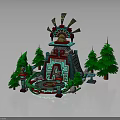 Colorful Traditional Tower Structure With Decorative Top Surrounded By Pine Trees And Circular Pool