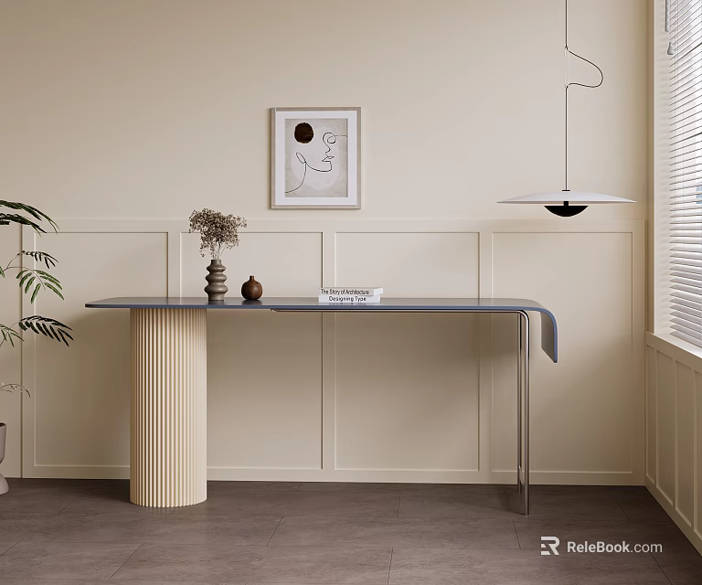 Modern Blue Desk With Beige Striped Legs Dry Flowers Open Book In Light Paneled Room 3d model 