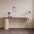 Modern Blue Desk With Beige Striped Legs Dry Flowers Open Book In Light Paneled Room