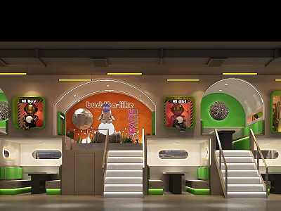 Modern Restaurant Interior With Green Orange Decor Neon Sign Staircases And Seating Booths 3d model