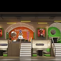 Modern Restaurant Interior With Green Orange Decor Neon Sign Staircases And Seating Booths