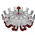 Elegant Round Dining Table Set With White Tablecloth Red Flower Bouquet White Chairs And Red Bows