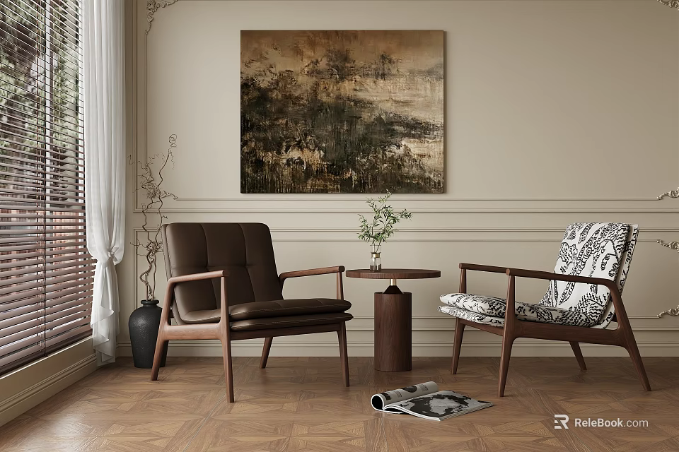 Modern Accent Chairs With Brown Leather And Patterned Upholstery Near Wooden Table And Artwork 3d model 