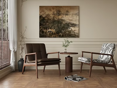 Modern Accent Chairs With Brown Leather And Patterned Upholstery Near Wooden Table And Artwork 3d model