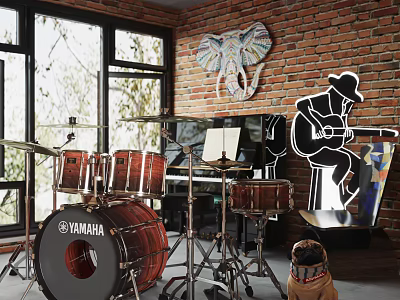 Artistic Music Studio Featuring YAMAHA Drum Set Piano And Decorative Artworks 3d model