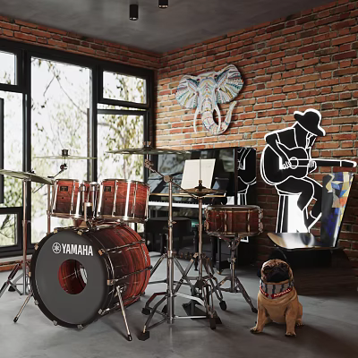 Artistic Music Studio Featuring YAMAHA Drum Set Piano And Decorative Artworks 3d model