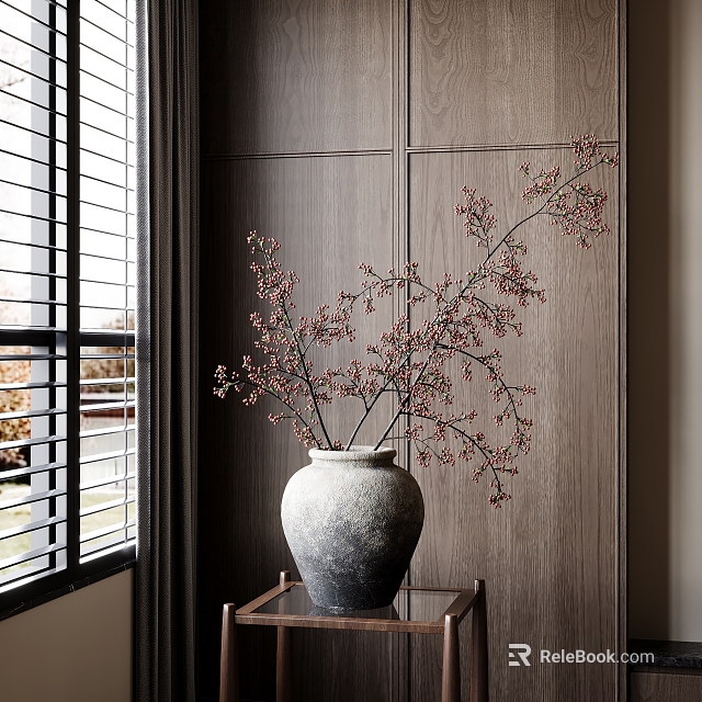 Gray Ceramic Vase With Pink Blossom Branches On Wooden Wall Background 3d model 