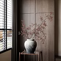 Gray Ceramic Vase With Pink Blossom Branches On Wooden Wall Background