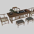 Chinese Style Wooden Tea Table And Chairs With Potted Plant Tea Tray And Cups