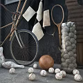 Vintage Sports Equipment Display With Bicycle Paddles Tennis Racket Baseball Gloves And Balls