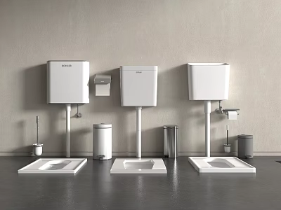 Three White Toilet Tanks Side By Side With Squat Pans Accessories Dark Floor Light Wall 3d model