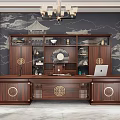 Elegant Chinese Mahogany Office Desk with Wooden Bookcase Chandelier and Landscape Painting